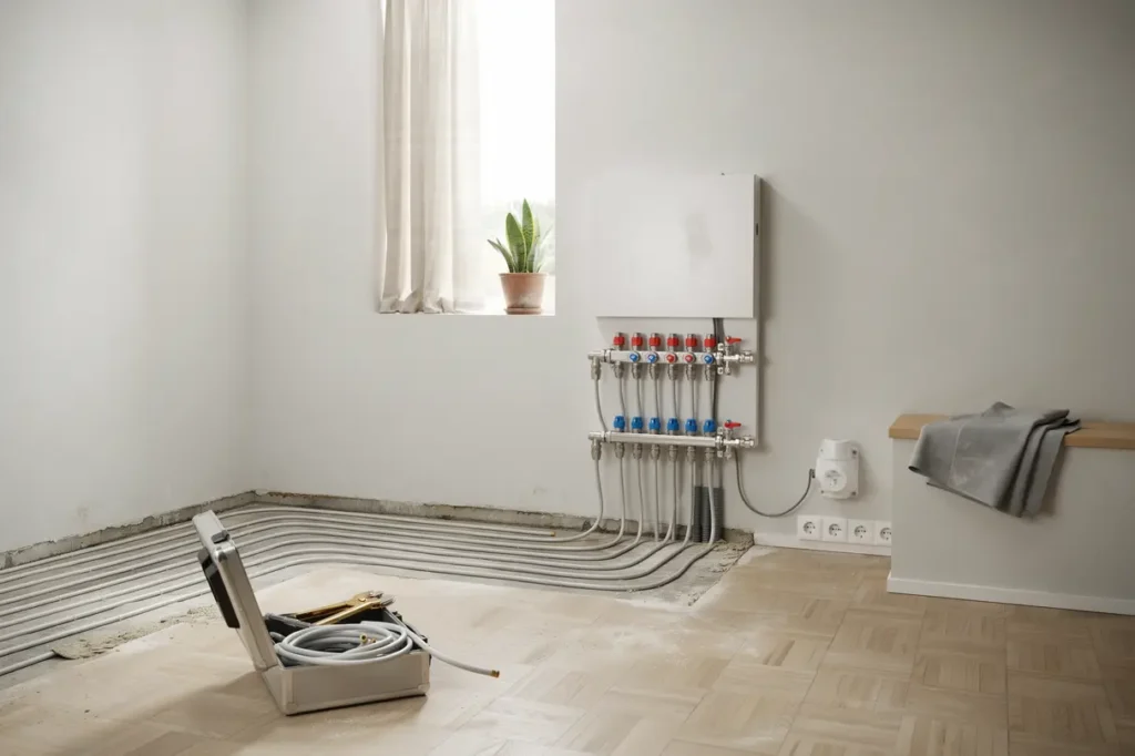 installation av golvv rme och f rdelarsk p i villa i hags tra
